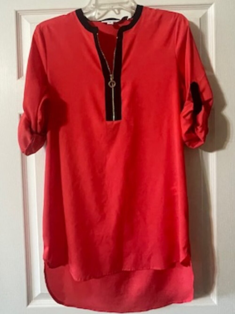 Calvin Klein Women's Dark Coral Roll-Tab-Sleeve Zip-Front Top Size M